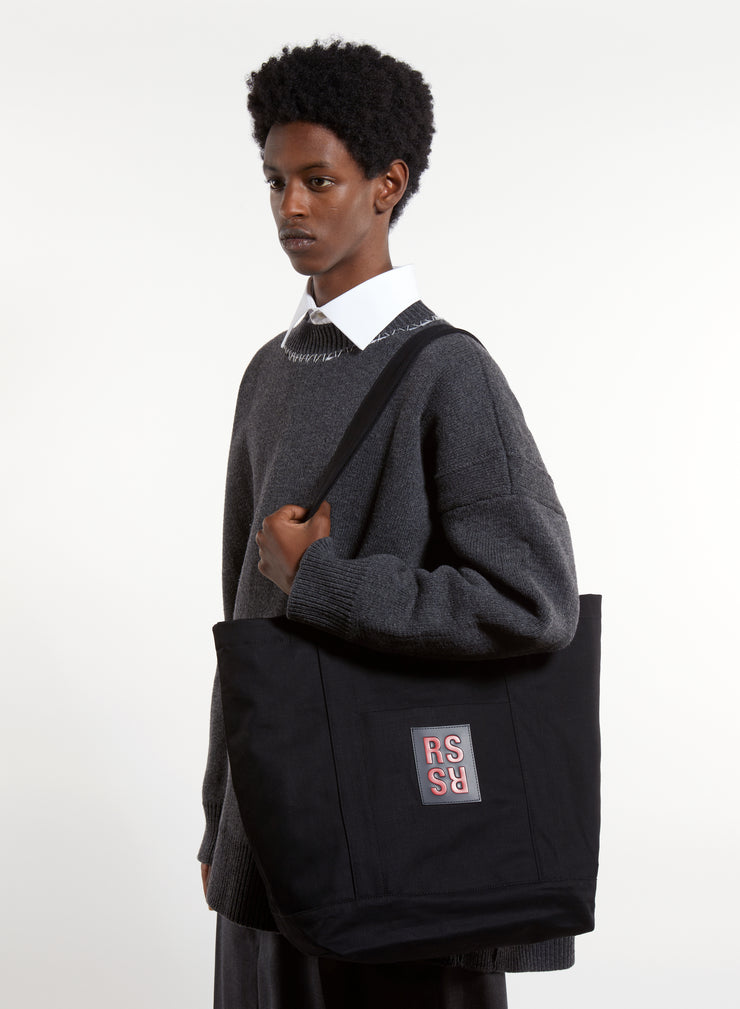 RAF SIMONS SMALL DENIM TOTE BAG WITH PRINT AND RS BADGE