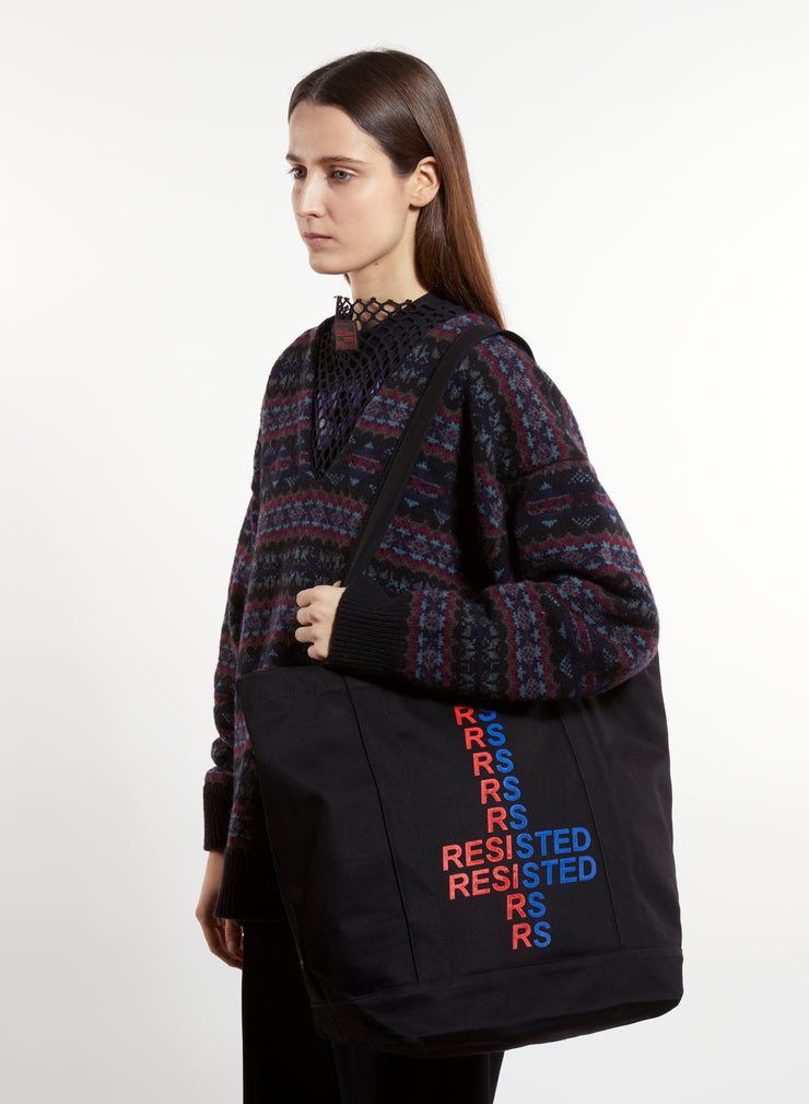 RAF SIMONS SMALL DENIM TOTE BAG WITH PRINT AND RS BADGE